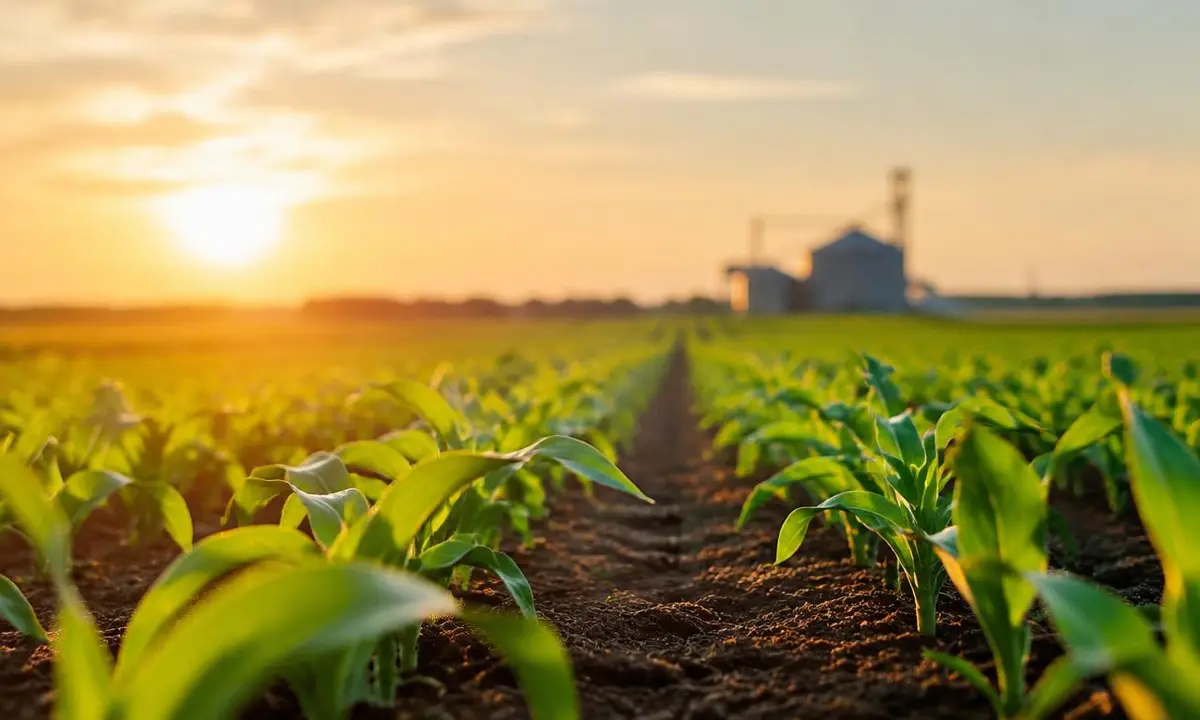 Young green crop rows in a farm field at golden hour